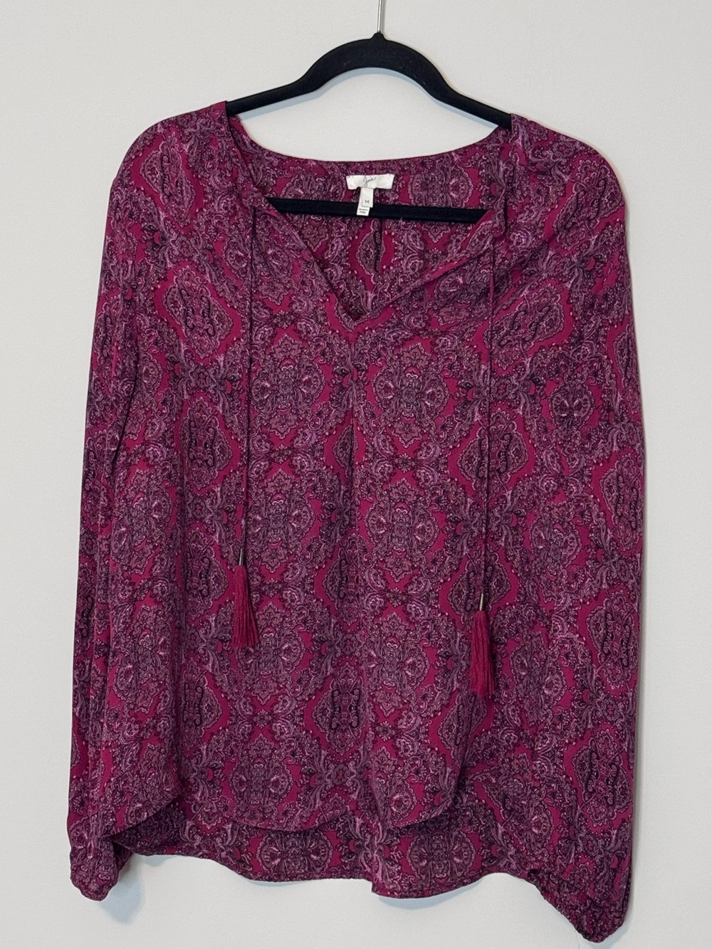 Joie 100% Silk Paisley Tassel Tie Blouse Pink Burgundy Size M